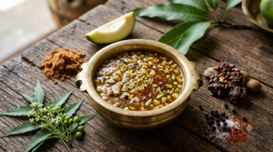 Ugadi Pachadi recipe in a brass bowl with neem flowers, jaggery and raw mango
