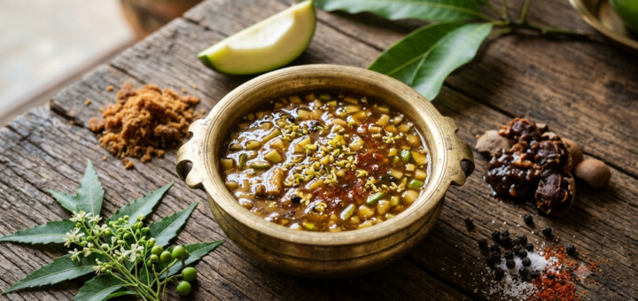 Ugadi Pachadi recipe in a brass bowl with neem flowers, jaggery and raw mango