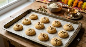 Almond flour nankhatai trial biscuits with almond toppings on a Diwali baking tray