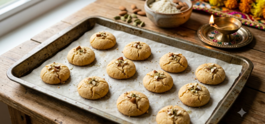 Almond flour nankhatai trial biscuits with almond toppings on a Diwali baking tray