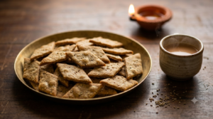 Bajra ajwain namak para illustrative Diwali snack with golden diamond-shaped crackers