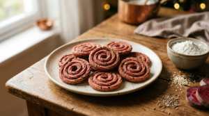 Baked beetroot murukku illustrative red spirals for an untested Diwali savoury recipe