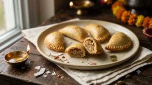 Baked coconut gujiya crescent pastries with crimped edges and coconut filling