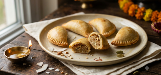 Baked coconut gujiya crescent pastries with crimped edges and coconut filling