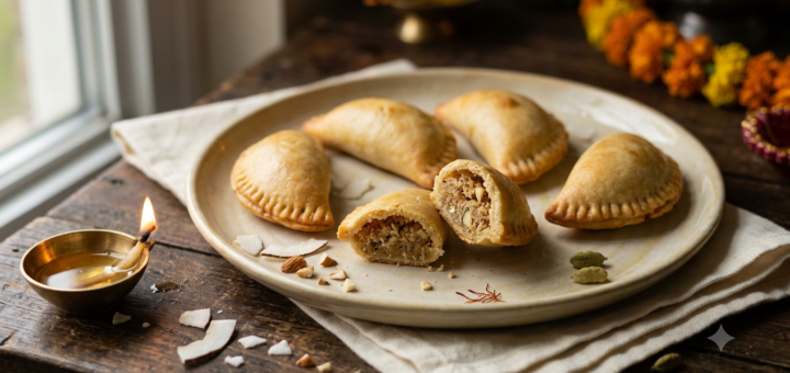 Baked coconut gujiya crescent pastries with crimped edges and coconut filling