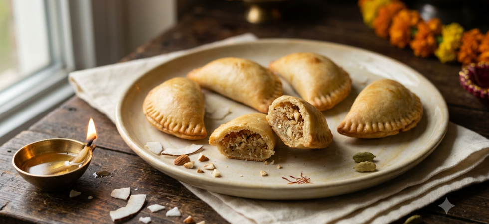 Baked coconut gujiya crescent pastries with crimped edges and coconut filling