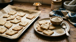 Baked jowar sesame crackers on a tray illustrating an untested Diwali snack trial