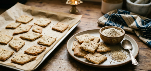 Baked jowar sesame crackers on a tray illustrating an untested Diwali snack trial