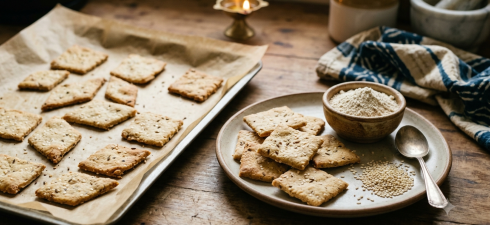 Baked jowar sesame crackers on a tray illustrating an untested Diwali snack trial