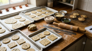 Baked methi mathri untested trial with docked crackers on a baking tray