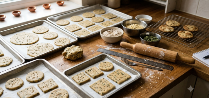 Baked methi mathri untested trial with docked crackers on a baking tray