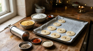 baked moong dal chakli trial with moong dal, spices and unbaked spirals on an oven tray