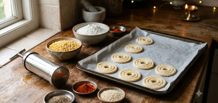 baked moong dal chakli trial with moong dal, spices and unbaked spirals on an oven tray