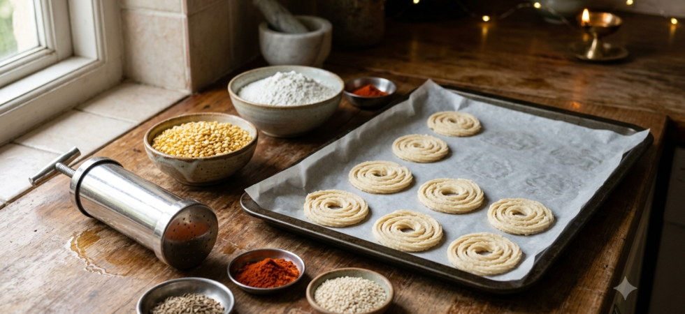 baked moong dal chakli trial with moong dal, spices and unbaked spirals on an oven tray