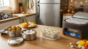 Diwali sweets storage with separate containers for dry ladoos, coconut barfi and refrigerated milk sweets