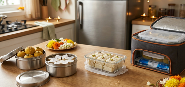 Diwali sweets storage with separate containers for dry ladoos, coconut barfi and refrigerated milk sweets