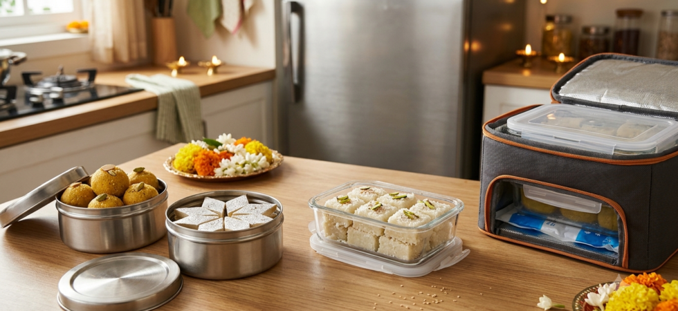 Diwali sweets storage with separate containers for dry ladoos, coconut barfi and refrigerated milk sweets