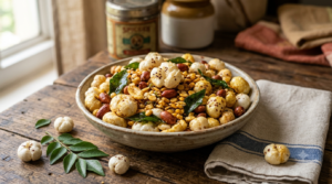 Makhana chivda with crunchy roasted peanuts, golden fox nuts and crisp curry leaves