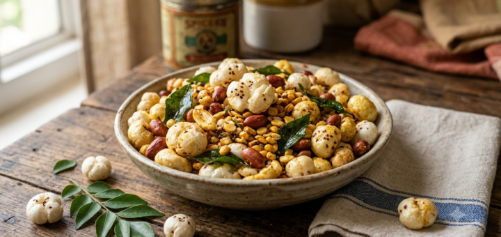 Makhana chivda with crunchy roasted peanuts, golden fox nuts and crisp curry leaves