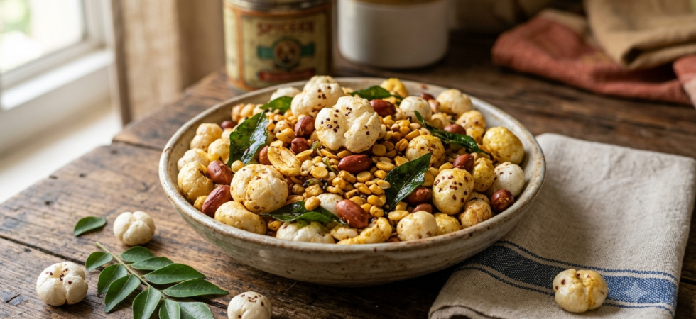 Makhana chivda with crunchy roasted peanuts, golden fox nuts and crisp curry leaves