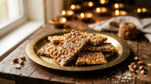 Peanut sesame chikki with jaggery, roasted peanuts and sesame seeds on a festive serving plate