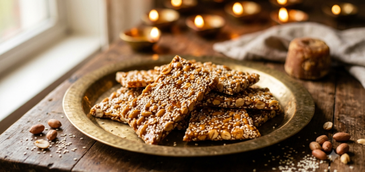 Peanut sesame chikki with jaggery, roasted peanuts and sesame seeds on a festive serving plate