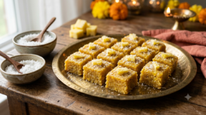Pineapple coconut barfi squares with coconut flakes and pineapple in a festive Diwali setting