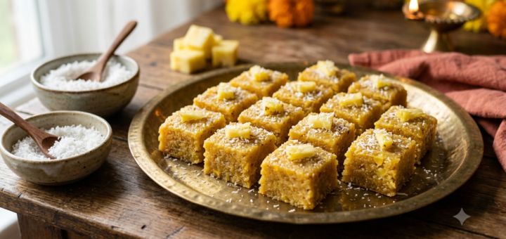 Pineapple coconut barfi squares with coconut flakes and pineapple in a festive Diwali setting
