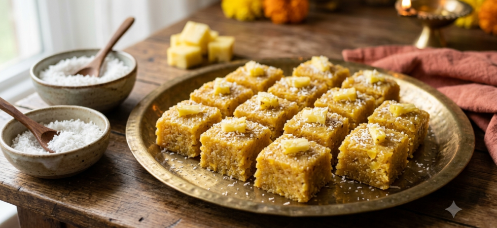 Pineapple coconut barfi squares with coconut flakes and pineapple in a festive Diwali setting