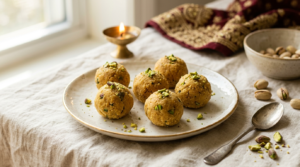 Pistachio besan ladoo concept with golden gram-flour sweets topped with chopped green pistachios