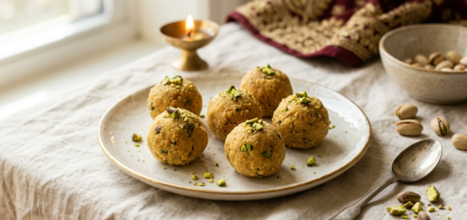 Pistachio besan ladoo concept with golden gram-flour sweets topped with chopped green pistachios