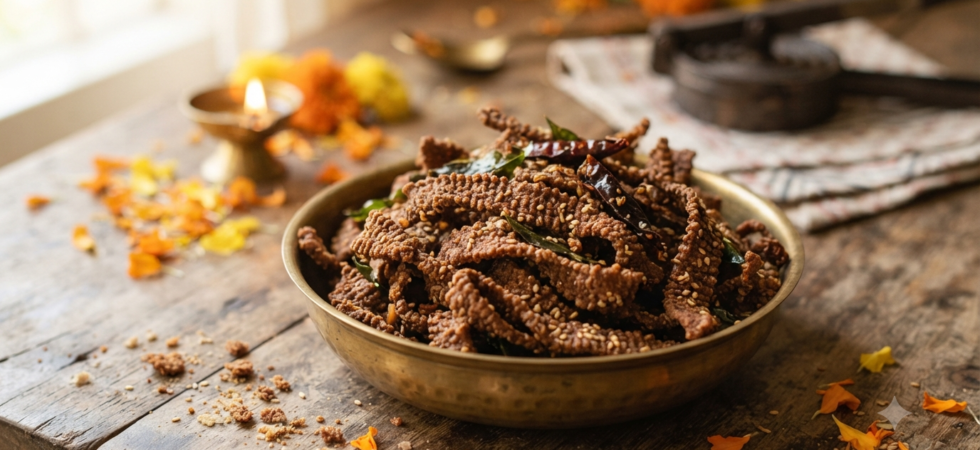 Illustrative ragi ribbon pakoda for an untested air fryer recipe trial