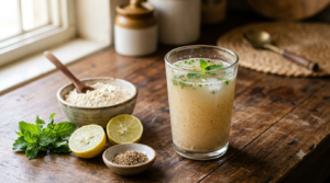 Roasted chana sattu drink in a glass with lemon, cumin and a bowl of roasted gram flour