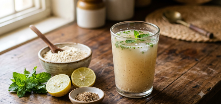 Roasted chana sattu drink in a glass with lemon, cumin and a bowl of roasted gram flour