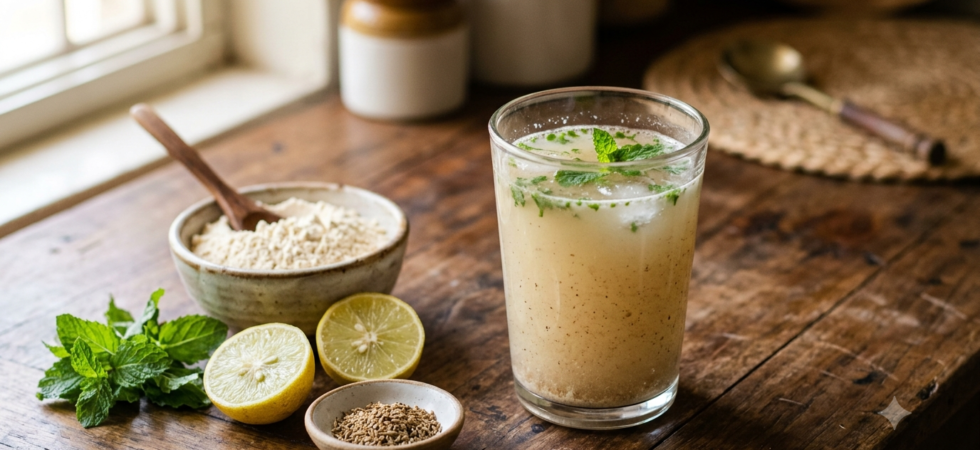 Roasted chana sattu drink in a glass with lemon, cumin and a bowl of roasted gram flour