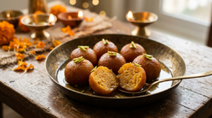 Sweet potato gulab jamun in rose-cardamom syrup with a cut jamun showing the orange-gold centre