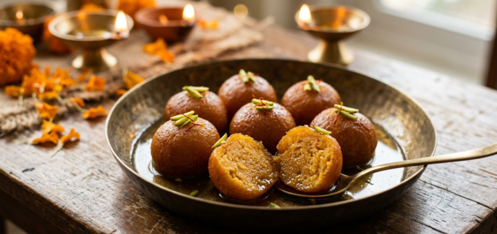 Sweet potato gulab jamun in rose-cardamom syrup with a cut jamun showing the orange-gold centre
