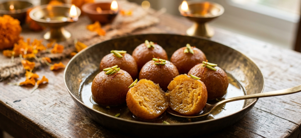 Sweet potato gulab jamun in rose-cardamom syrup with a cut jamun showing the orange-gold centre
