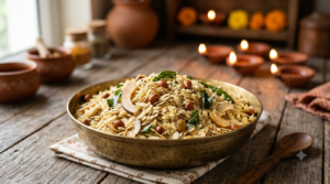 Thin poha chivda with peanuts, curry leaves and dry coconut for Diwali