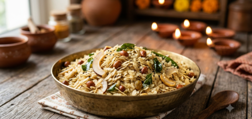 Thin poha chivda with peanuts, curry leaves and dry coconut for Diwali